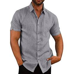 Glacspyg Leinenhemd Herren Kurzarm Leinenhemd Arbeit Freizeithemd Fit Business Casual Urlaub Sommer Strand Hemd Grau L von Glacspyg