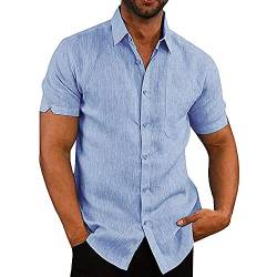 Glacspyg Leinenhemd Herren Kurzarm Leinenhemd Arbeit Freizeithemd Fit Business Casual Urlaub Sommer Strand Hemd Himmelblau XL von Glacspyg