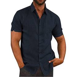 Glacspyg Leinenhemd Herren Kurzarm Leinenhemd Arbeit Freizeithemd Fit Business Casual Urlaub Sommer Strand Hemd Marineblau 2XL von Glacspyg