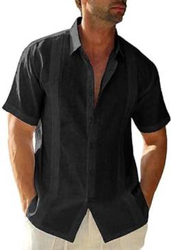 Glacspyg Leinenhemd Herren Sommer Kurzarm Guayabera Leinenhemd Arbeit Freizeithemd Fit Business Casual Urlaub Schwarz L von Glacspyg