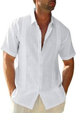 Glacspyg Leinenhemd Herren Sommer Kurzarm Guayabera Leinenhemd Arbeit Freizeithemd Fit Business Casual Urlaub Weiß L von Glacspyg