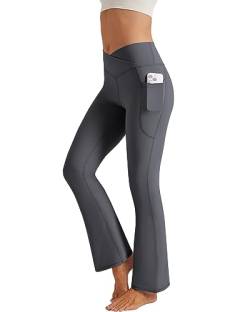 Glacspyg Yogahose Damen，Schlaghose mit Taschen V-Taille Bootcut Sporthose Freizeithose Jogginghosen für Fitness Dunkelgrau L von Glacspyg