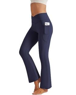 Glacspyg Yogahose Damen，Schlaghose mit Taschen V-Taille Bootcut Sporthose Freizeithose Jogginghosen für Fitness Marineblau L von Glacspyg