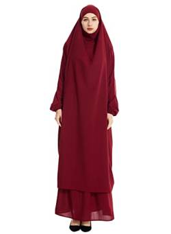 GladThink Muslime Frauen Kapuze Abaya Fledermausärmel Robe Zwei Stücke Kleid Wein XL von GladThink