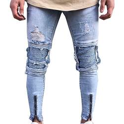 Gladiolus Herren Denim Hose Biker Destroyed Casual Lochjeans Schlank Reißverschlussdekoration Ripped Jeanshose Blau 32 von Gladiolus