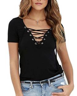 Damen Kurzarm T-Shirt V-Ausschnitt Mit Schnürung Vorne Oberteil Bluse Shirt Basic Elegant Tops Schwarz L von GladiolusA