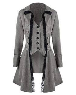 Damen Viktorianische Gothik Jacke Frack Mit Spitze Elegante Lange Steampunk Mantel Grau XL von GladiolusA