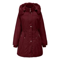 GladiolusA Damen Wintermantel Winterjacke Mitte-Lange Warm Jacke Weich Mäntel Mit Abnehmbarer Pelzkragen Und Pelzkapuze Rot 2XL von GladiolusA