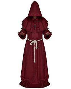 GladiolusA Erwachsene Mittelalter Mönch Robe Mit Kapuze Cosplay Halloween Karneval Fasching Kostüm Party Kleid Rot L von GladiolusA