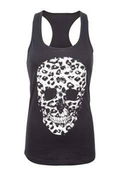 Schwarzes Damen Totenkopf mit Leopardenmuster Animal Print Skull Gothic Punk Tank Top T-Shirt – Gr. L von Glam and Gloria