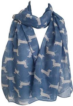 GlamLondon Schal mit Dackel-Aufdruck, Mini-Wursthunde, Tier, Damen, lang, große Welpen, A-Denim Blue, 42 von GlamLondon