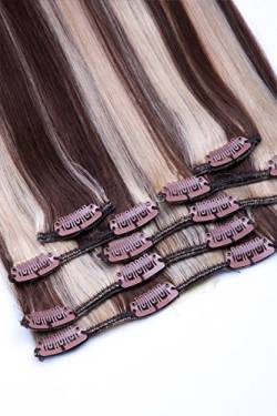 Clip In Extensions Set 100% Echthaar 7 teilig 70g Haarverlängerung 45cm Clip-In Hair Extension Nr. 4/613 Schokobraun Blond gesträhnt von GlamXtensions