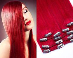 Clip In Extensions Set 100% Echthaar 7 teilig 70g Haarverlängerung 55cm Clip-In Hair Extension in der Farbe # Red von GlamXtensions
