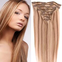 Clip in Extensions Echthaar günstig Haarverlängerung Remy Echthaar 8 Tressen 20 Clips Glatt 35cm-80g #18/613 Dunkelblond/Helllichtblond von GlamXtensions