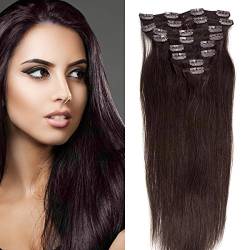 Clip in Extensions Echthaar günstig Haarverlängerung Remy Echthaar 8 Tressen 20 Clips Glatt 40cm-90g #2 Dunkelbraun von GlamXtensions