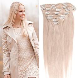 Clip in Extensions Echthaar günstig Haarverlängerung Remy Echthaar 8 Tressen 20 Clips Glatt 40cm-90g #60 Weißblond von GlamXtensions