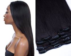 Clip in Extensions Echthaar günstig Haarverlängerung Remy Echthaar 8 Tressen 20 Clips Glatt 55cm-110g #1b Schwarzbraun von GlamXtensions