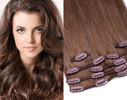 Echthaar Clip In Extensions Set 100% indisches Remy Echthaar 7 teilig / 7 Tressen hochwertige Haarverlängerung 45cm Clip-In Hair Extension Farbe (Nr. 12 Hellbraun) von GlamXtensions