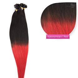 Ombré Bonding Extensions aus 100% Remy Echthaar 150 x 0,5g 50cm Glatte Strähnen - Lange Haare mit Keratin Bondings U-Tip als Haarverlängerung und Haarverdichtung in der Farbe Naturschwarz/Rot von GlamXtensions