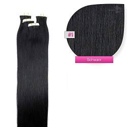 Tape Extensions Echthaar Haarverlängerung 60cm Tape In Haare mit Klebeband 20 Tressen x 4 cm breit und 2,5g Gewicht pro Tresse #1 Schwarz von GlamXtensions