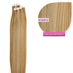 Tape Extensions Gesträhntes Echthaar Haarverlängerung 60cm Tape In Haare mit Klebeband 10 Tressen x 4 cm breit und 2,5g Gewicht pro Tresse Farbe #12/613 Hellbraun Helllichtblond von GlamXtensions