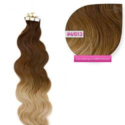 Tape in Extensions gewellt Extensions zum Einkleben 20 Strähnen 50cm wellig Haarverlängerung, Haarverdichtung Remy Human Hair Echthaarverlängerung - #Ombre Balayage 4-613 (Schokobaun/Helllichtblond) von GlamXtensions