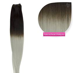 Weft Extensions Echthaar Tresse GlamXtensions glatt 100% Remy indisches Echthaar Human Hair - 50cm Ombré Balayage in der Farbe 1b/grau - Haarverlängerung Haarverdichtung zum Einnähen von GlamXtensions