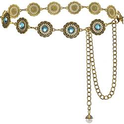 Glamorstar Vintage-Kettengürtel für Damen, Western-Concho, Metall-Taillengürtel für Kleider, Goldfarben/Blau, Fit Waist: 26"-36" von Glamorstar