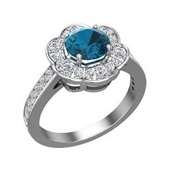 Blautopas und Diamantring für Damen, Halo-Ring, Blumen-Stil, Metall, Topas von Glitz Design