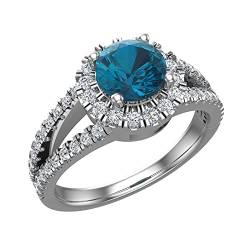Blautopas und Diamantring für Damen, Halo-Verlobungsring, geteilter Schaft, Metall, Topas von Glitz Design