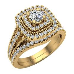 Glitz Design Rund geschnittene Kissenform Doppelhalo Vintage Diamant Ehering Set 0,80 Karat Gesamtgewicht 14 Karat Gelbgold (Ringgröße 6) von Glitz Design