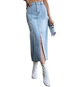 Damen Schlitz Elastische Hohe Taille Unterhalb Knielänge Casual Stretch Bleistift Denim Rock,Light Blue,S von Glkaend