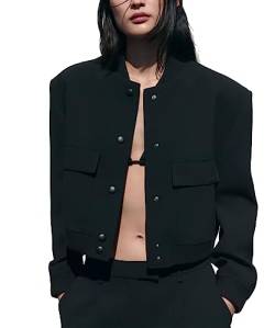 Glkaend Damen Bomber Leichte Cropped Jacken Button Down Casual Windbreaker Mantel Outwear mit Taschen,Schwarz,XS von Glkaend