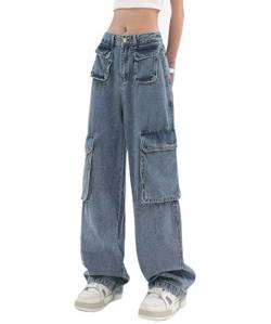 Glkaend Damen Hohe Taille Baggy Cargo Jeans Y2k Gerades Bein Breites Bein Denim Cargo Hose mit Taschen,Blau,3XL von Glkaend