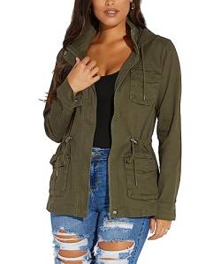 Glkaend Damen Leichte Cargo Kapuze Armee Fatigue Jacke Military Anorak Outwear Utility Jacken Mantel,Grün,XXL von Glkaend