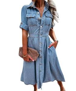 Glkaend Denim Kleid für Frauen Casual Kurzarm Revers Button Down Knie Länge Jean Kleider mit Taschen,Blau,L von Glkaend