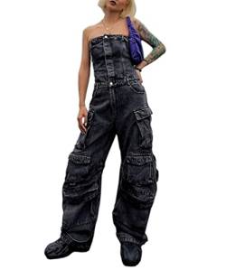 Glkaend Denim Overall für Frauen Mode Hohe Taille Ärmellose Strampler Mehrere Taschen Jean Cargo Hosen Streetwear,Schwarz,M von Glkaend