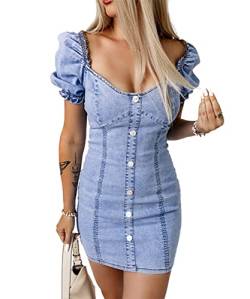 Glkaend Frauen Sommer Sexy Hip Wrap Denim Kleid Kurzarm Square Neck Backless Button Knielänge Kleid,Blau,L von Glkaend