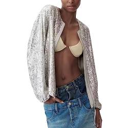 Glkaend Glitter Sparkly Flug Jacke für Frauen Pailletten Langarm Casual Bomberjacke Abend Party Clubwear,Silber,S von Glkaend