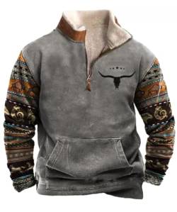 Glkaend Herren Western Aztec Langarm Stehkragen 1/4 Zip Up Sweatshirt Retro gedruckt Pullover,By02,M von Glkaend