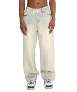 Glkaend Jeans für Männer Vintage Stretch Hohe Taille Relaxed Fit Gerade Lässig Gewaschen Jeans,Beige,M von Glkaend