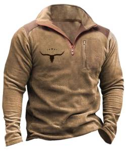 Glkaend Mens Vintage Sweatshirt Pullover Kuh Schädel Grafik 1/4 Zip Up Western Aztec Fall warme Pullover Tops,By01,3XL von Glkaend