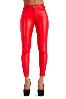 Glook Hochwertige Damenhosen, Glatte Damen Hose, Frauen Kunstlederhose, PU Lederhose Jean | Skinny Slim Fit Strumpfhose in voller Länge Stylische Hose mit Reißverschlüssen (34, Rot) von Glook