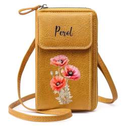 Glooraca Personalisierte Handy-Brieftasche, Tasche, individueller Name, Geburtsblume, Geldbörse mit Reißverschluss, Handy-Brieftasche, Taschen für Frauen, Mutter, Freundin, gelb, One Size von Glooraca