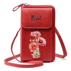 Glooraca Personalisierte Handy-Brieftasche, Tasche, individueller Name, Geburtsblume, Geldbörse mit Reißverschluss, Handy-Brieftasche, Taschen für Frauen, Mutter, Freundin, rot, One Size von Glooraca