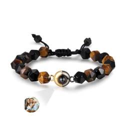 Glooraca Tigerauge Perlen Armbänder Personalisierte Foto Projektion Armband für Männer Benutzerdefinierte Armbänder mit Bild innen Personalisierte Geschenke für Papa Ehemann Freund. (H) von Glooraca