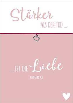 Glücksschmiedin - "Stärker als der Tod Trost Geschenk, Wunscharmband in PINK mit silberfarbenem HERZ-Anhänger und Beileidskarte, handgefertigt von Glücksschmiedin