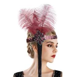 1920s Feder Flapper Haarreif Feder Stirnband Cocktail Party Karneval Kostüm Haarschmuck Frauen Damen Retro Feder Fascinator Haarband Accessoires Festival Party Halloween Accessoires (Red, One Size) von Glücksvogel