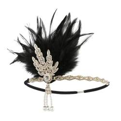 1920s Feder Flapper Stirnband Damen Karneval Kostüm Vintage Dehnbar Feder Kristall Fascinator Haarband Festival Hochzeit Party Haarreif Boho Haar Kopfschmuck Accessoires für Frauen (Black, One Size) von Glücksvogel