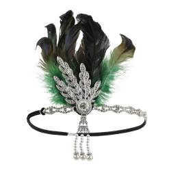 1920s Feder Flapper Stirnband Damen Karneval Kostüm Vintage Dehnbar Feder Kristall Fascinator Haarband Festival Hochzeit Party Haarreif Boho Haar Kopfschmuck Accessoires für Frauen (Green, One Size) von Glücksvogel